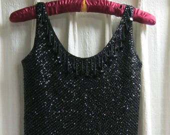 Vintage Black HAND BEADED / SEQUIN Fringe Sleeveless Top Flapper - Size S/M - Eveningwear 50's