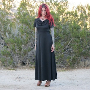 Vintage Black Maxi Dress - Made in USA - Cap Sleeve - Dramatic Draped Neck - Empire Waist