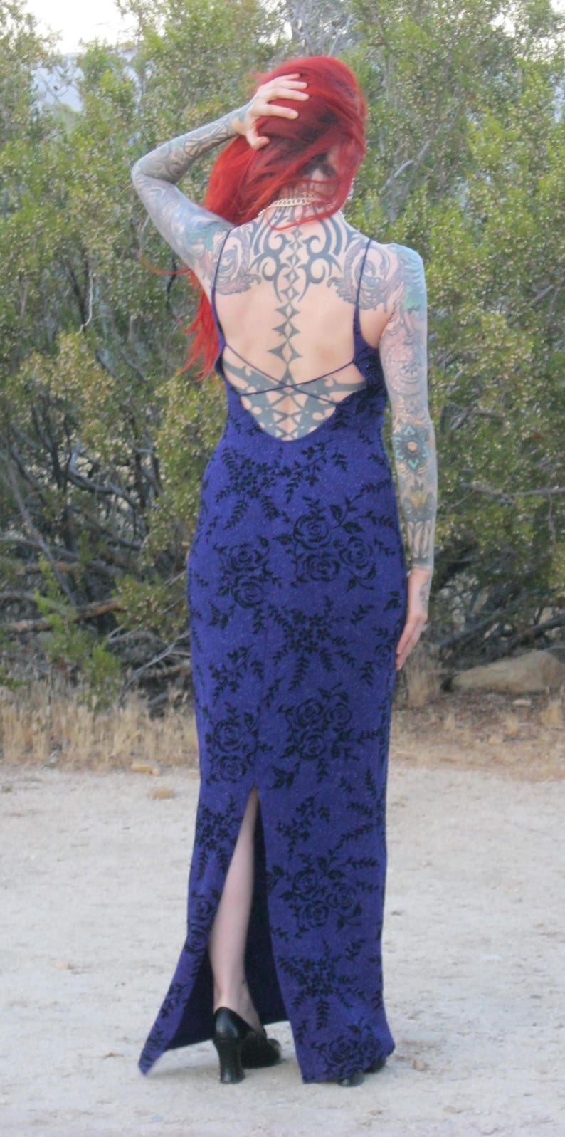 Spaghetti Strap Size 3 JODI KRISTOPHER Long Sparkly EveningCocktail Dress fits 46 Purple w Black Rose Print