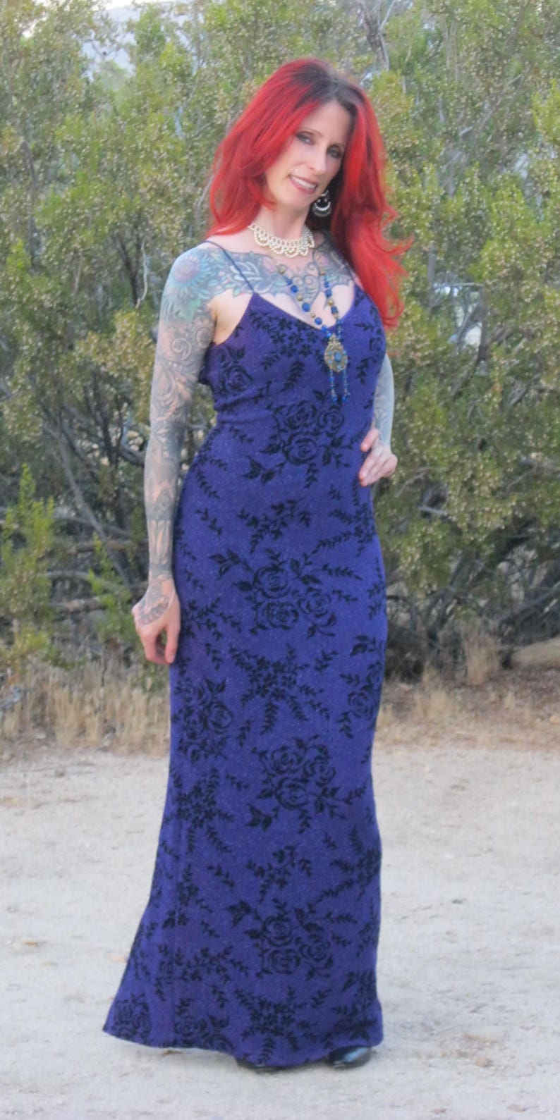 Spaghetti Strap Size 3 JODI KRISTOPHER Long Sparkly EveningCocktail Dress fits 46 Purple w Black Rose Print