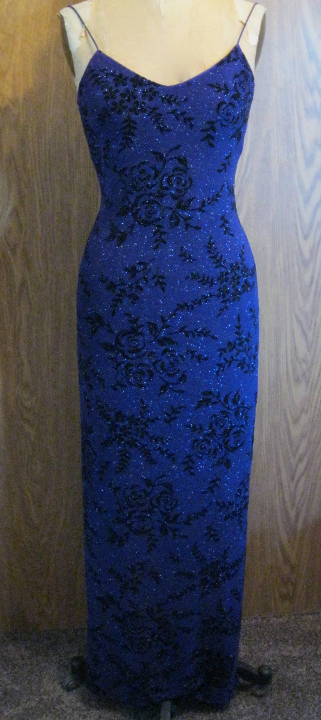 JODI KRISTOPHER Long Sparkly Evening/Cocktail Dress | Purple w/ Black Rose Print | Spaghetti Strap Size 3 (fits 4/6)