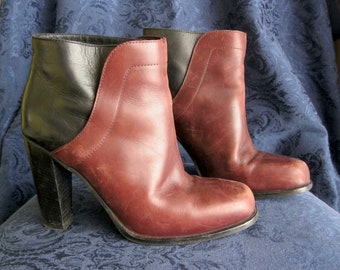 Italian Leather Two-Toned Boots/Booties | Stacked Heel | Size 40 Euro, 9 - 9.5 US Women's