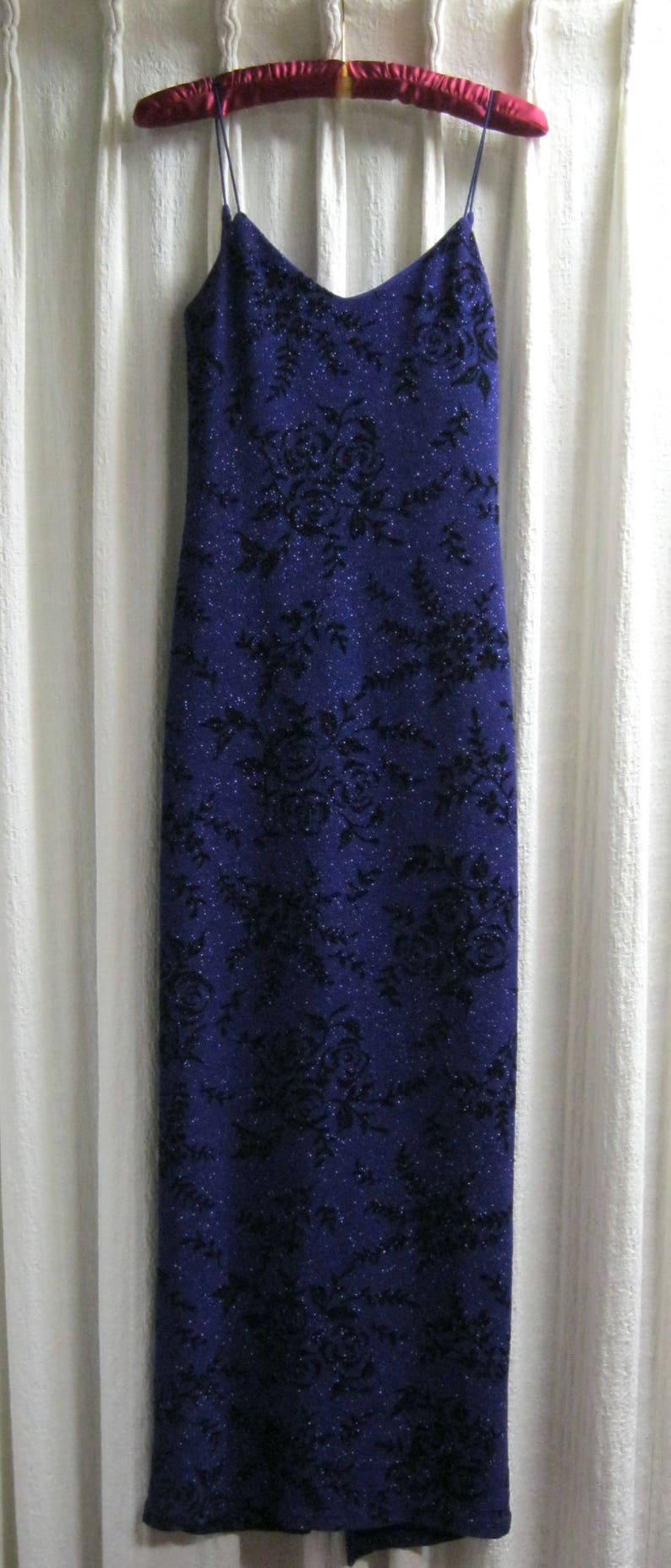 Spaghetti Strap Size 3 JODI KRISTOPHER Long Sparkly EveningCocktail Dress fits 46 Purple w Black Rose Print