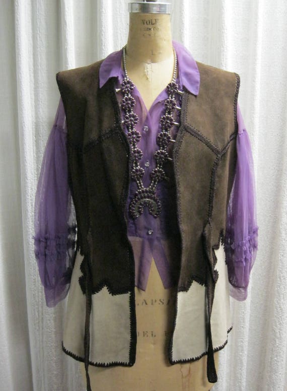 Vtg 70's Suede Vest Brown/Cream Handmade Whipstitc