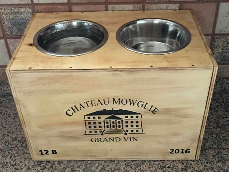 feeder food storage gift wood varnish medium to large dog unique OOAK Door bowls dog on a stump of wood