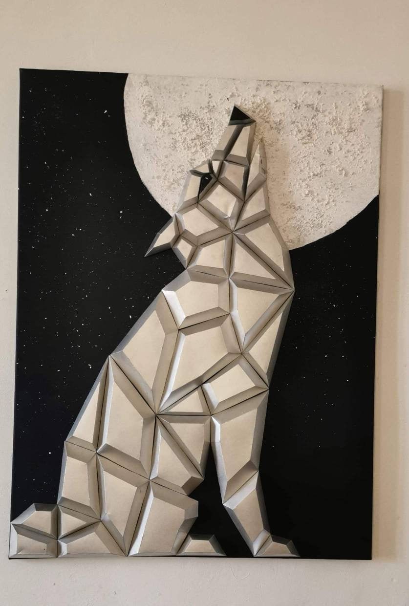 Tableau 3D Loup à La Lune, Papercraft Noir et Blanc sur Toile Peinte, Prête Accrocher, 3D Papercraft