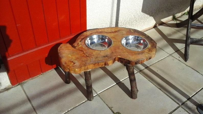 feeder food storage gift wood varnish medium to large dog unique OOAK Door bowls dog on a stump of wood
