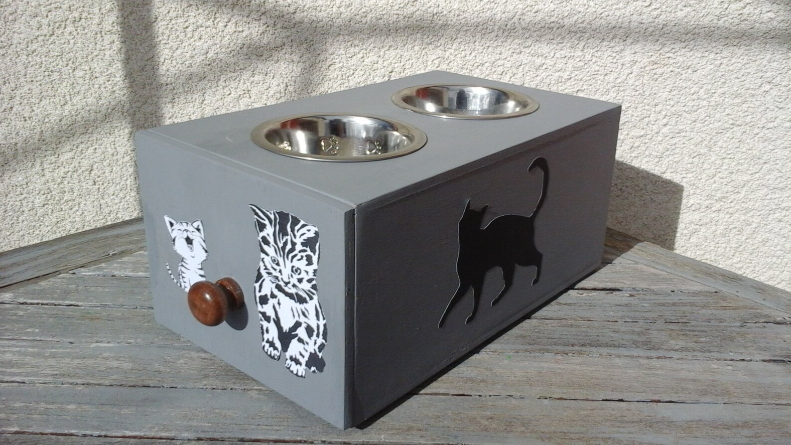 Wooden cat bowl door stainless steel cat bowl holder animal Etsy