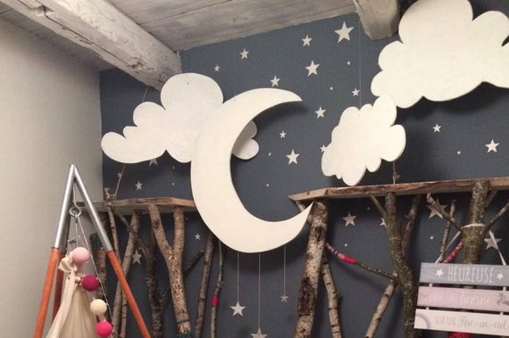 Cloud And Moon Wood Decoration Mobile Bedroom Deco Bebe Etsy