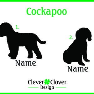 May include: Black silhouette Cockapoo dog designs. One is standing, the other is sitting. The word "Cockapoo" is in green at the top. The word "Name" is below each dog. The design is by Clever Clover Design.