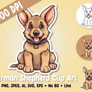 May include: A cartoon illustration of a brown and tan German Shepherd puppy sitting with its tongue sticking out. The puppy is wearing a black collar with a silver buckle. The image is in a sticker format with a white background.