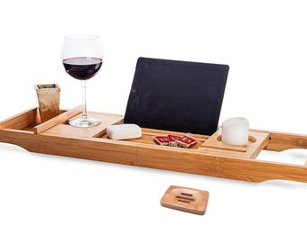 Bath Caddy Tray With Free + Soap Holder, Bathtub Extendable Sides , Bamboo Wood, Ipad Tablet, Wine Holder, Gift for him / her