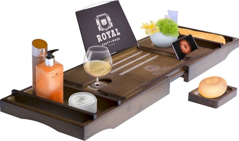 Royal Craft Wood Luxury Bamboo Bathtub Caddy Tray with Book and Wine Holder ...