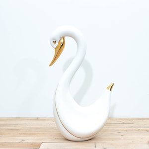 Modernist Swan Sculpture, White Porcelain with Gold/Brass Details
