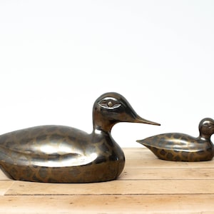 Vintage Brass Duck Sculptures, Mother and Duckling Figurines