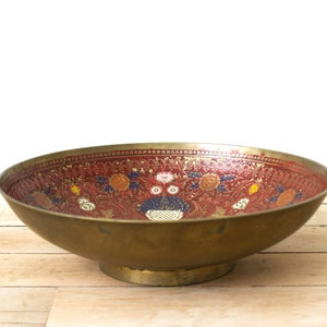 Vintage Enameled Brass Bowl, Handmade in India, Floral Motif
