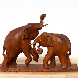 Vintage Pair of Elephants Sculpture - Hand Carved Wood