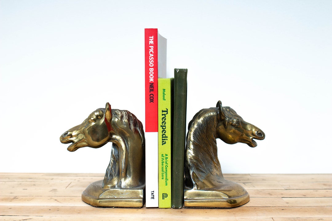 Pair of Vintage Horse Head Bookends, Midcentury Modern Solid Brass