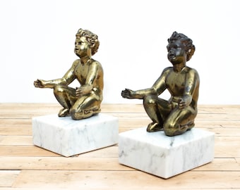 Pair of Vintage Italian Cherub Bookends, Solid Brass and Cerrera Marble
