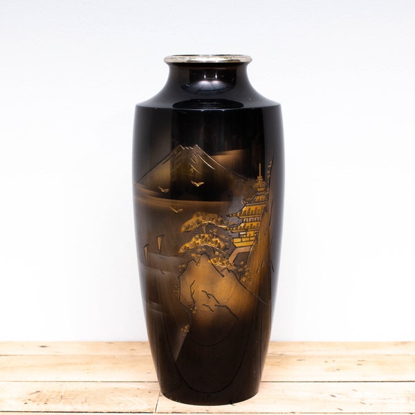 Vintage Japanese Etched Mixed Metal Black Vase, Copper, Brass, Silver Mountain Landscape Scene