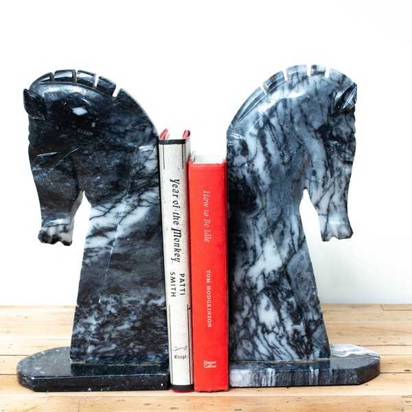 Vintage Pair of Horse Head Bookends, Hand-Carved Stone