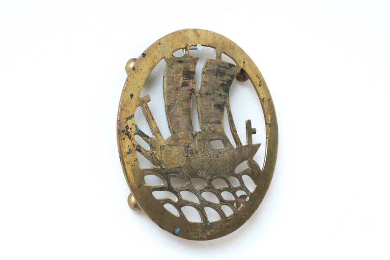 Vintage Brass Sailing Ship Trivet MidCentury Modern Boat Etsy