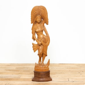 Vintage Dancing Woman Sculpture, Antique Tropical Wood Carving