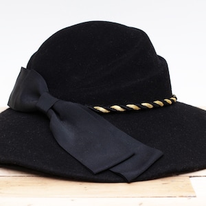 Rare Vintage Wide Brim Doeskin Felt Black Hat with Gold Twisted Rope and Bow, 100% Wool, Made in USA