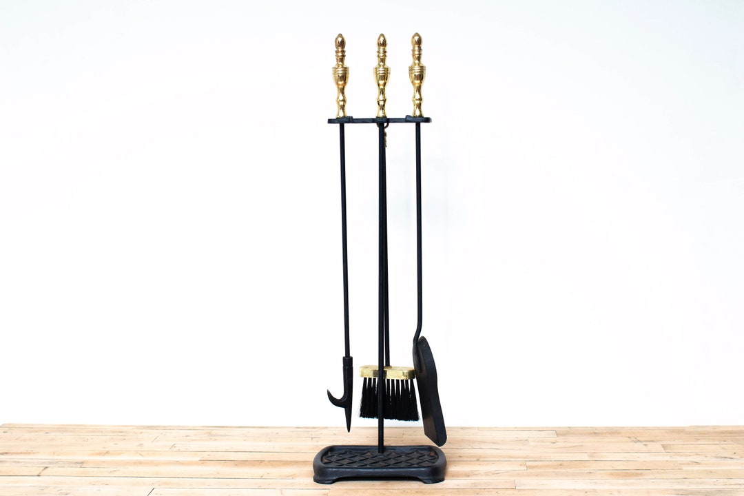 Midcentury Modern Fireplace Tool Set Vintage Iron and Brass Etsy