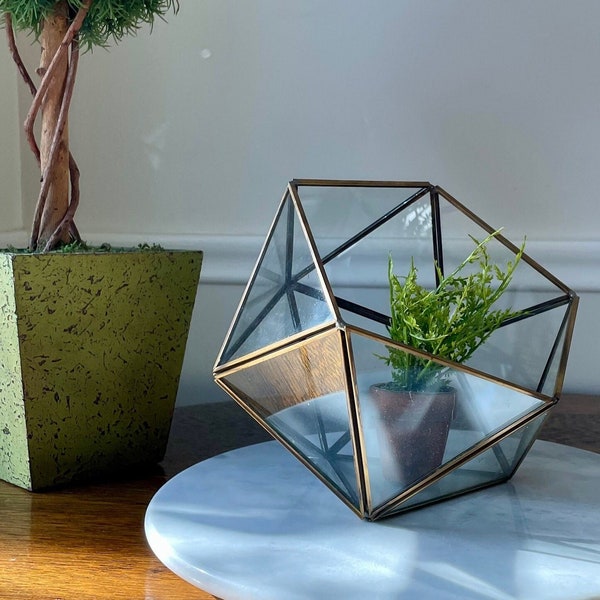 Vintage Geometric Glass & Metal Terrarium Planter; Tabletop Crystal Terrarium Planter; Boho Succulent Plant Terrarium; Gift for Plant Lover