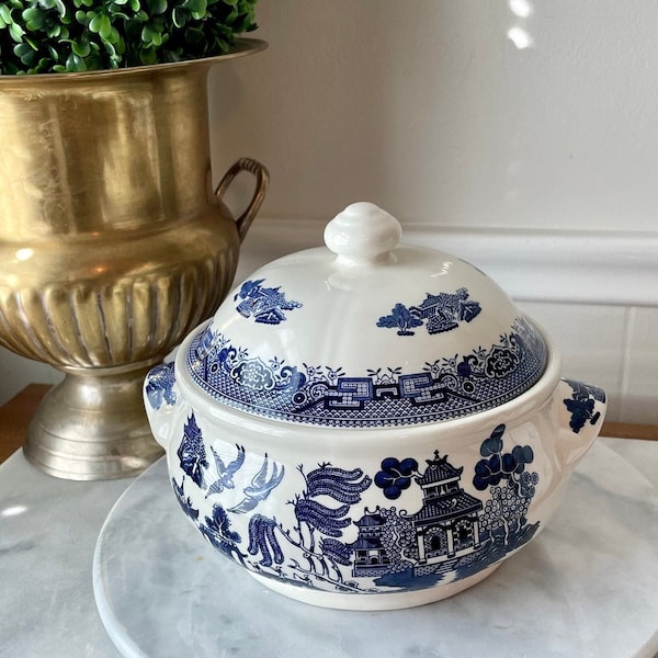 Vintage Churchill Blue Willow Georgian Covered Dish; Fine English Blue and White Transferware; Jardiniere; Orchid Planter; Ironstone Tureen