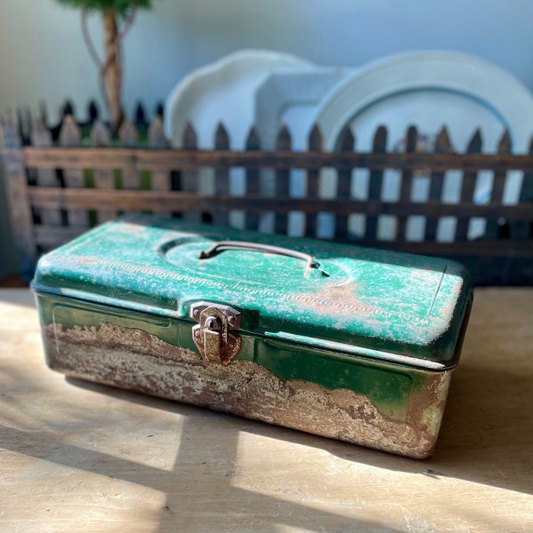 Vintage Distressed Industrial Green Metal Fishing Tackle Box; Chippy Green Metal Tackle Box; Rustic Sportsman Decor; Grandpacore