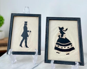 Antique Framed Victorian Silhouette Pair: Black and White Cottagecore