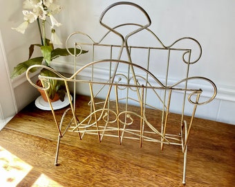 Vintage Gold Chromed French Wire Magazine Rack; Mid Century Gold Wire Newspaper Rack; Feminine Curled Gold Wire Standing Rack; Gift for Her