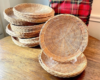 Vintage Woven Wicker Plate Holders (Set of 4), Boho Wall Decor