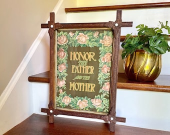 Antique Tramp Art Wood Frame Honor Thy Father and Mother Print; Vintage Primitive Criss Cross Handmade Wood Frame; Mothers Fathers Day Gift