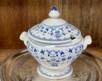 Vintage Blue and White Soup Tureen with Notched Lid; Blue and White Transferware Bowl Planter; Footed  Blue and White Cachepot; Jardiniere