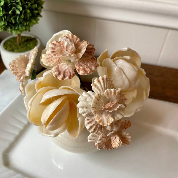 Vintage Set of Seven Handmade Seashell Flower Stems; Hand Crafted Sea Shell Flower Bouquet; Shell Flower Stem; Coastal Decor; Beach Art