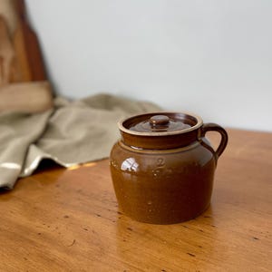 Vintage Primitive Brown Stoneware Bean Pot with Lid