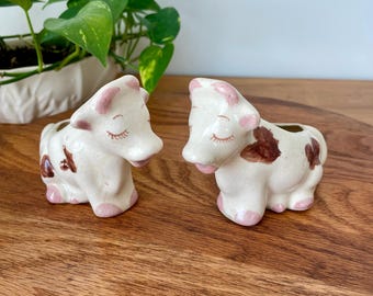 Vintage Pair of Collectible Pottery Cow Creamers; Succulent Planter; Twin Gift