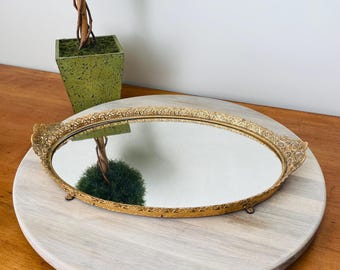 Antique Hollywood Regency Footed Oval Mirrored Dresser Tray