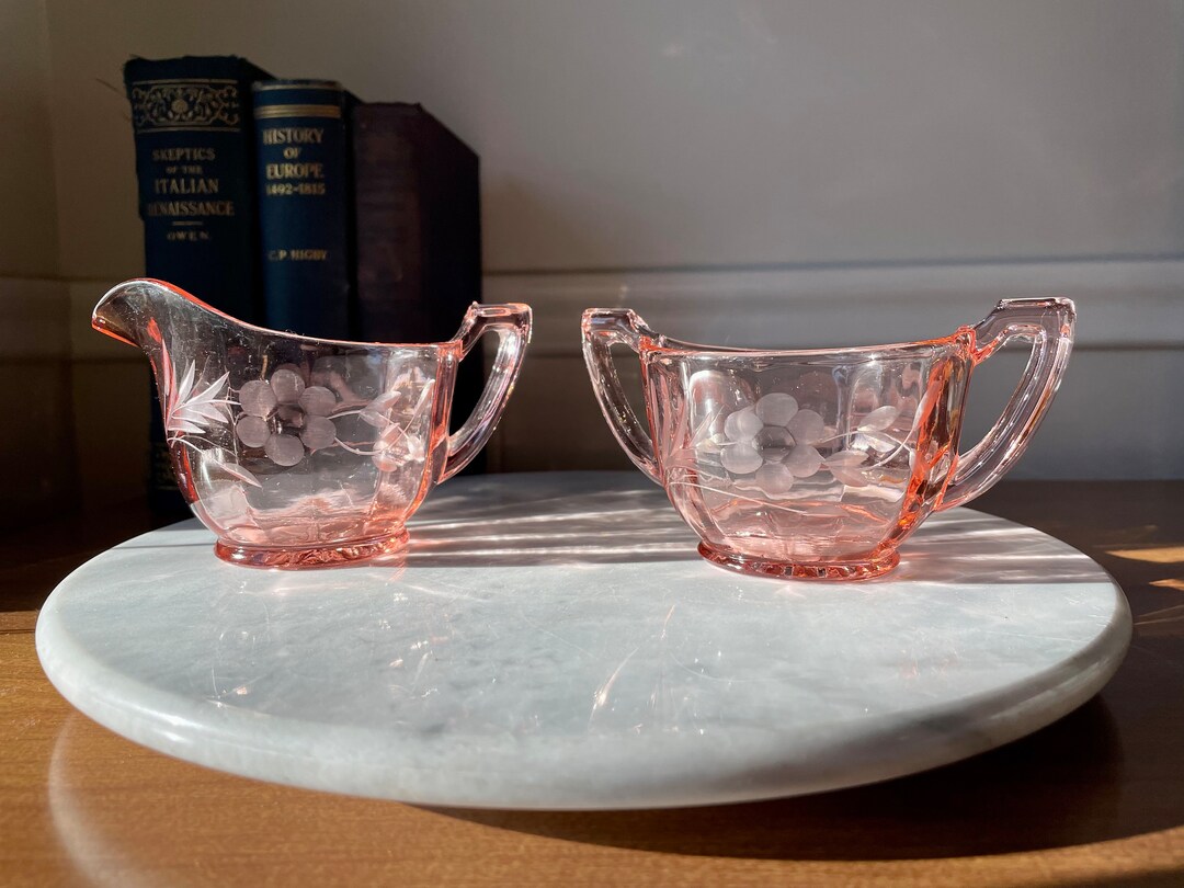 Vintage Pink Depression Glass Creamer and Sugar Set Vintage Art Deco