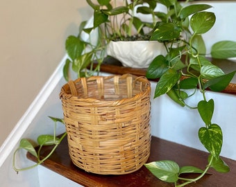 Vintage Boho Woven Wicker Planter; Vintage Rattan Waste Can; Woven Rattan Cachepot; Coastal; Boho Wicker Decor