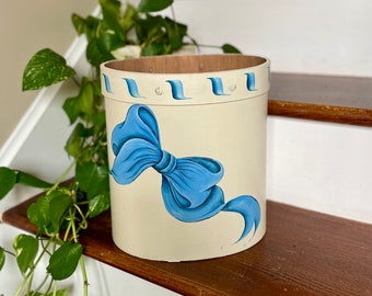 Vintage Hand Painted Oval Wood Waste Can with Brass Studded Trim; Handpainted Blue Bow Wastecan; Tole Painted Wood Trash Bin; Bedroom Decor