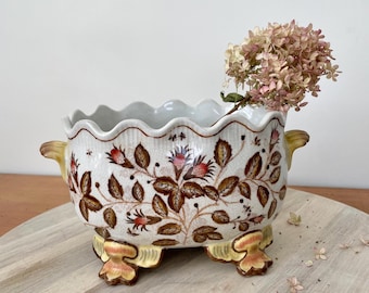Vintage Wong Lee Porcelain Jardiniere, Napoleon III Style Footed Planter, Chinoiserie Decor