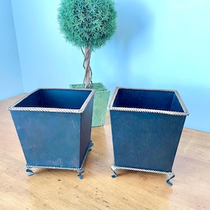 Vintage Metal Cachepot Planters Pair, Aged Black Rope Trim, French Country Style