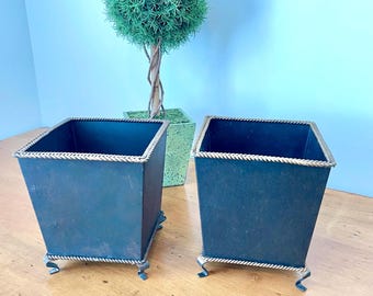 Vintage Metal Cachepot Planters Pair, Aged Black Rope Trim, French Country Style