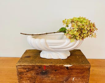 Vintage White Swirl Ceramic Planter: 1970s Art Deco Footed Succulent Planter