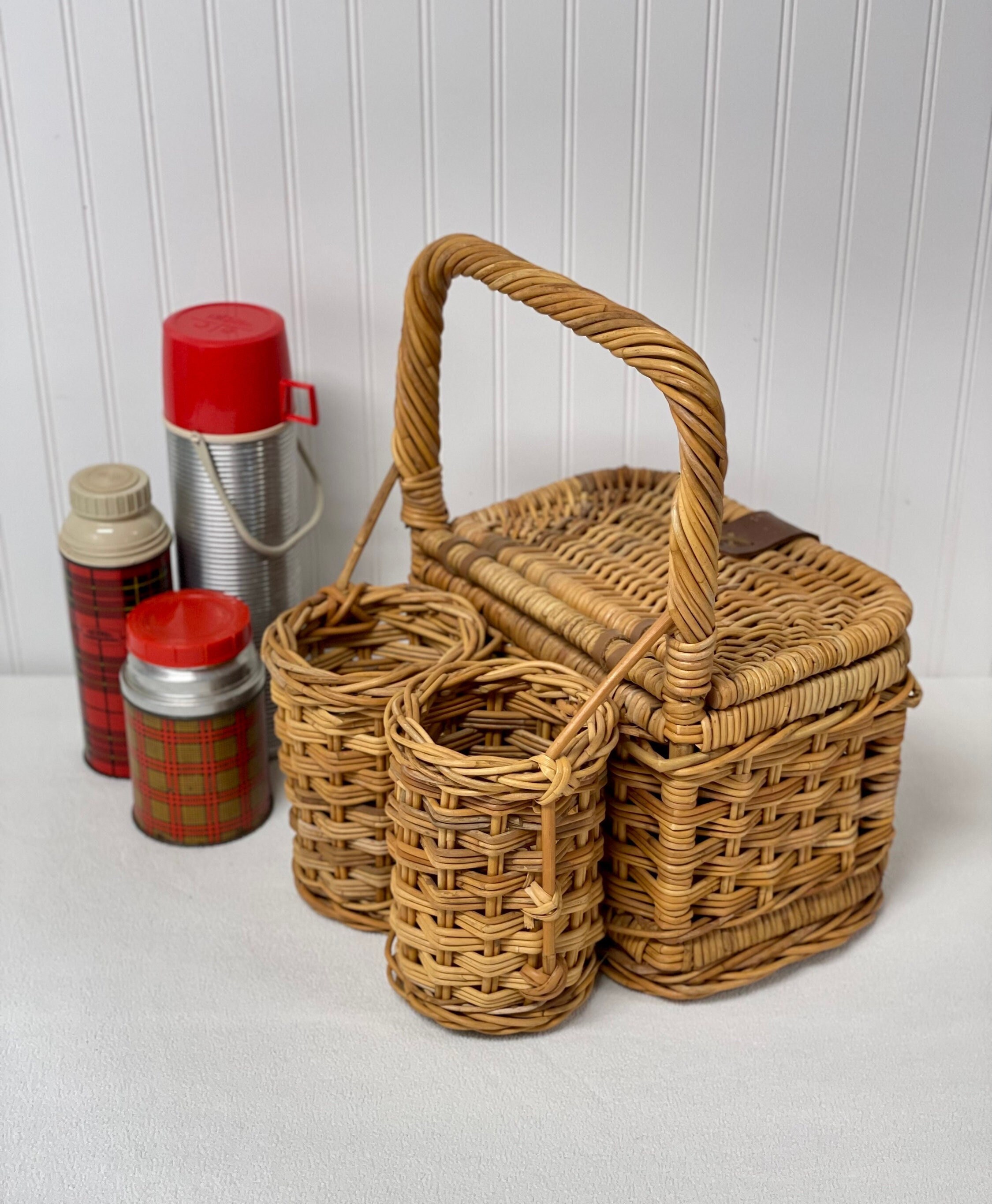 wicker picnic basket with wine holder