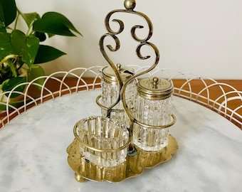 Antique EPNS Silver and Pressed Glass Condiment Cruet Set; Vintage Tableware